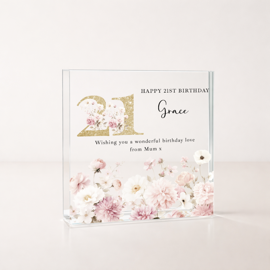 Personalised Acrylic Block Pink Floral 21st Birthday Gift