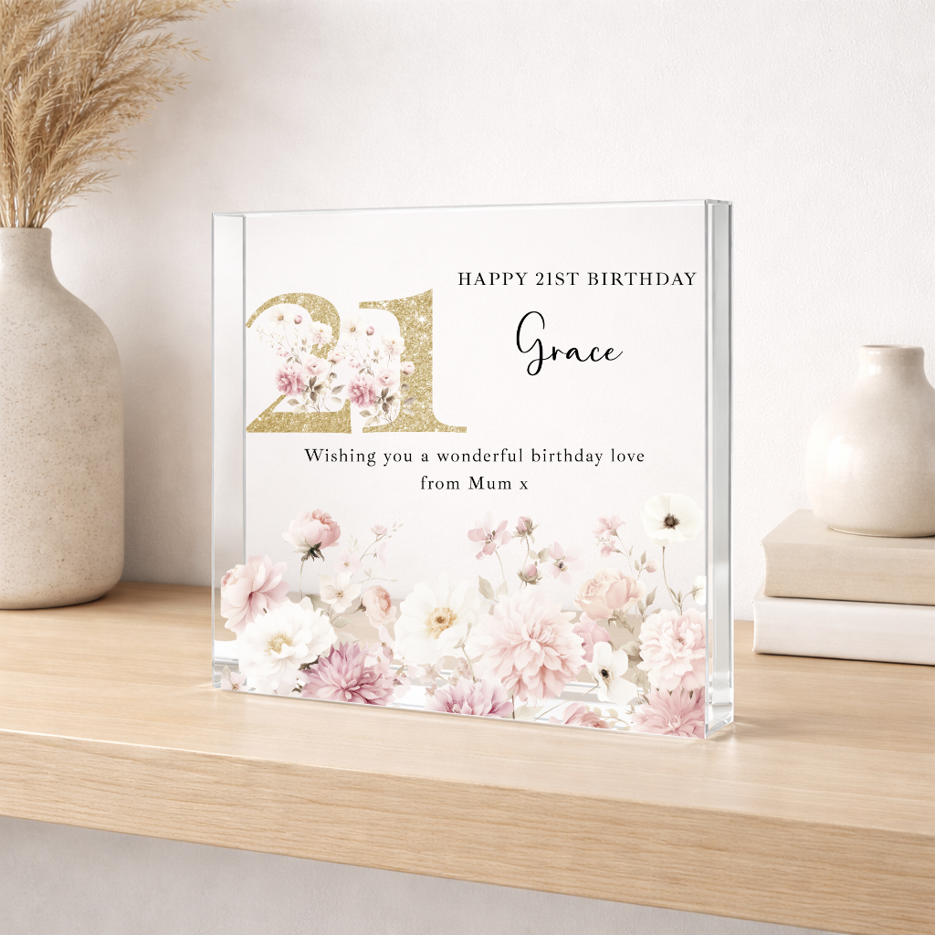 Personalised Acrylic Block Pink Floral 21st Birthday Gift