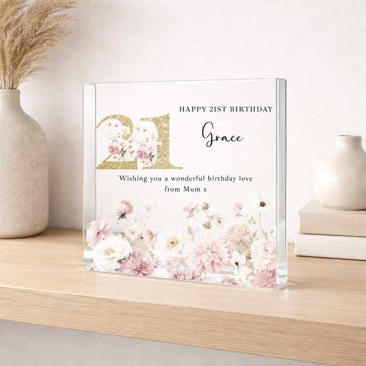 Personalised Acrylic Block Pink Floral 21st Birthday Gift
