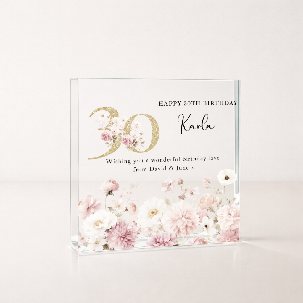 Personalised Pink Floral Acrylic Block 30th Birthday Gift