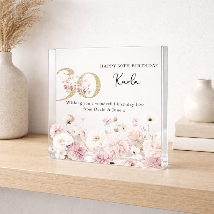 Personalised Pink Floral Acrylic Block 30th Birthday Gift