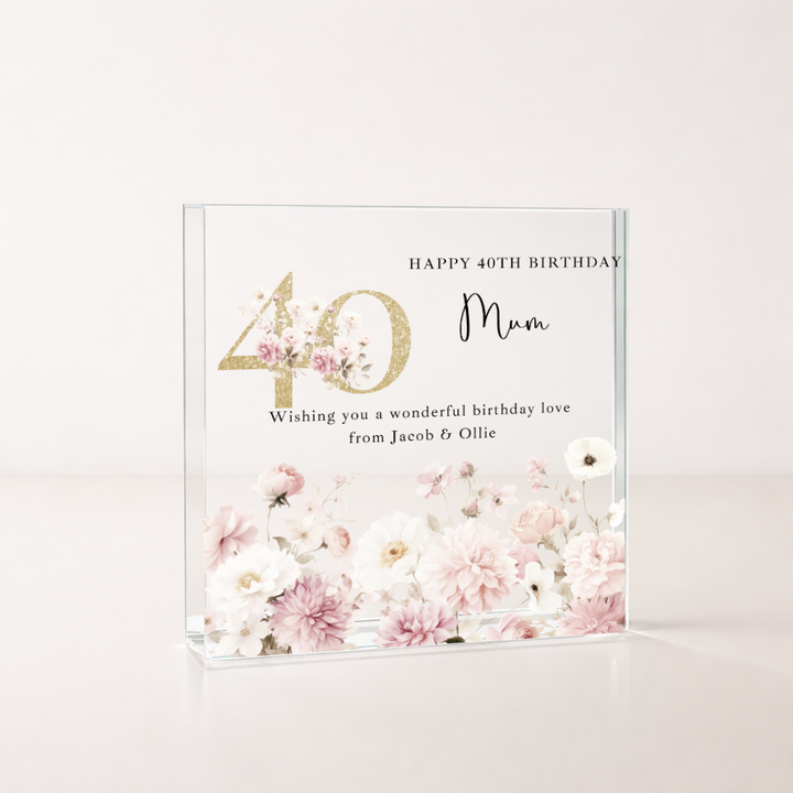 Personalised Pink Floral Acrylic Block 40th Birthday Gift