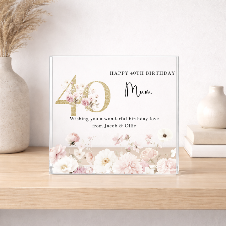 Personalised Pink Floral Acrylic Block 40th Birthday Gift