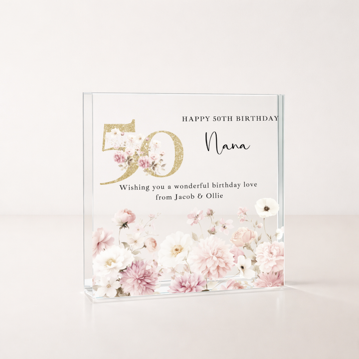 Personalised Acrylic Block Pink Floral 50th Birthday Gift