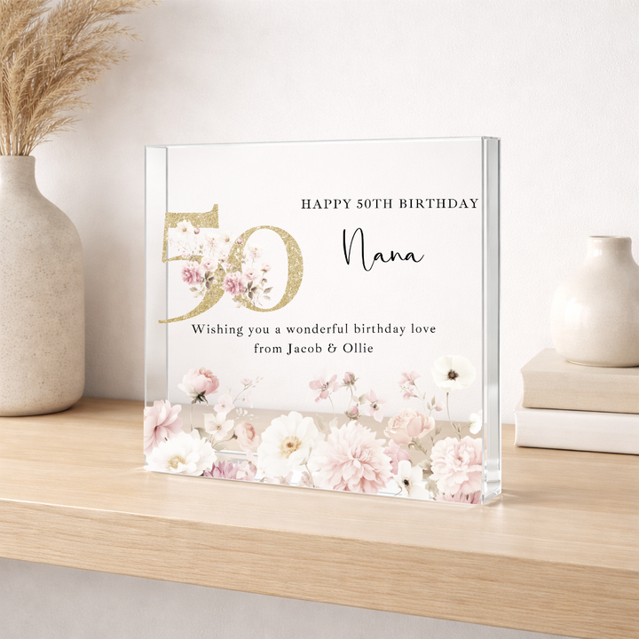 Personalised Acrylic Block Pink Floral 50th Birthday Gift