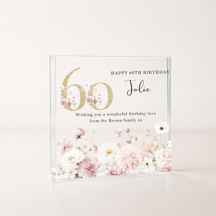 Personalised Pink Floral Acrylic Block 60th Birthday Gift