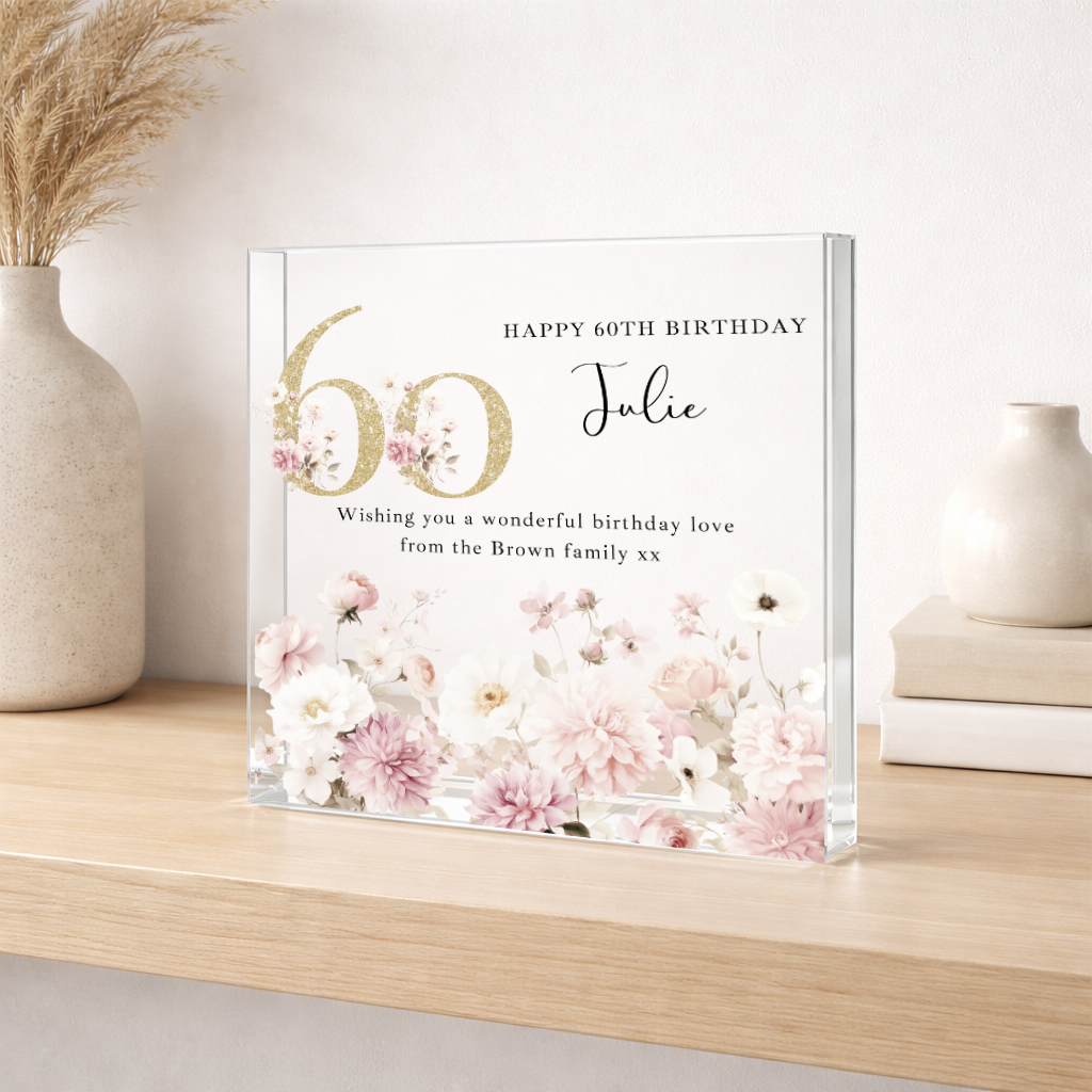 Personalised Pink Floral Acrylic Block 60th Birthday Gift
