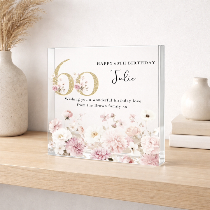 Personalised Pink Floral Acrylic Block 60th Birthday Gift