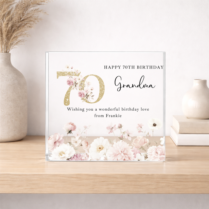 Personalised Pink Acrylic Block 70th Birthday Gift