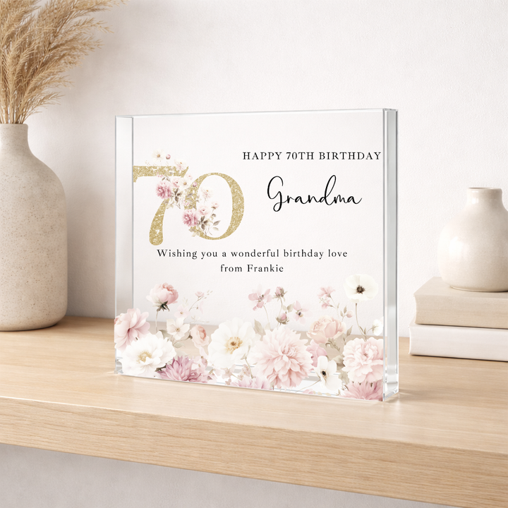 Personalised Pink Floral Acrylic Block 70th Birthday Gift