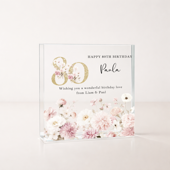 Personalised Pink Floral Acrylic Block 80th Birthday Gift