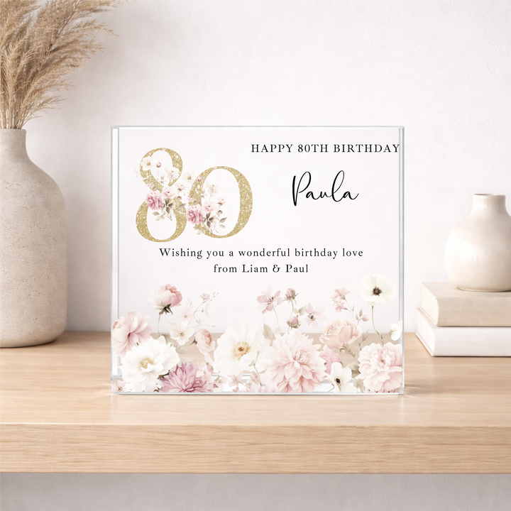 Personalised Pink Floral Acrylic Block 80th Birthday Gift
