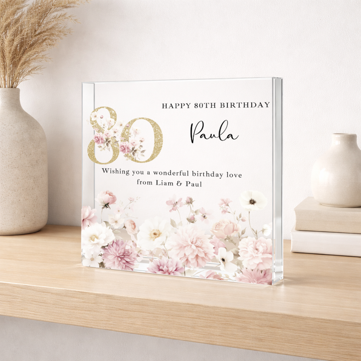 Personalised Pink Floral Acrylic Block 80th Birthday Gift
