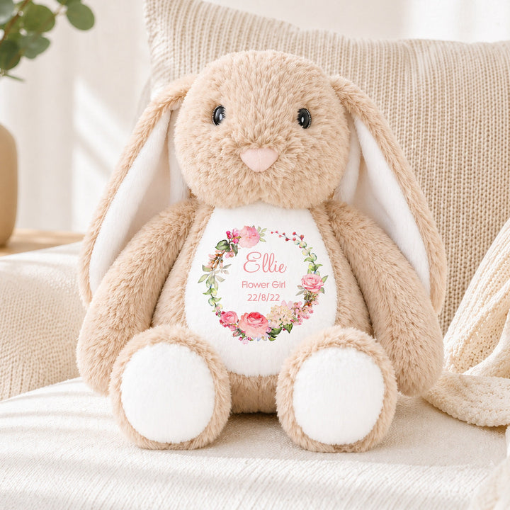 Personalised Rose Wreath Flower Girl Rabbit Teddy