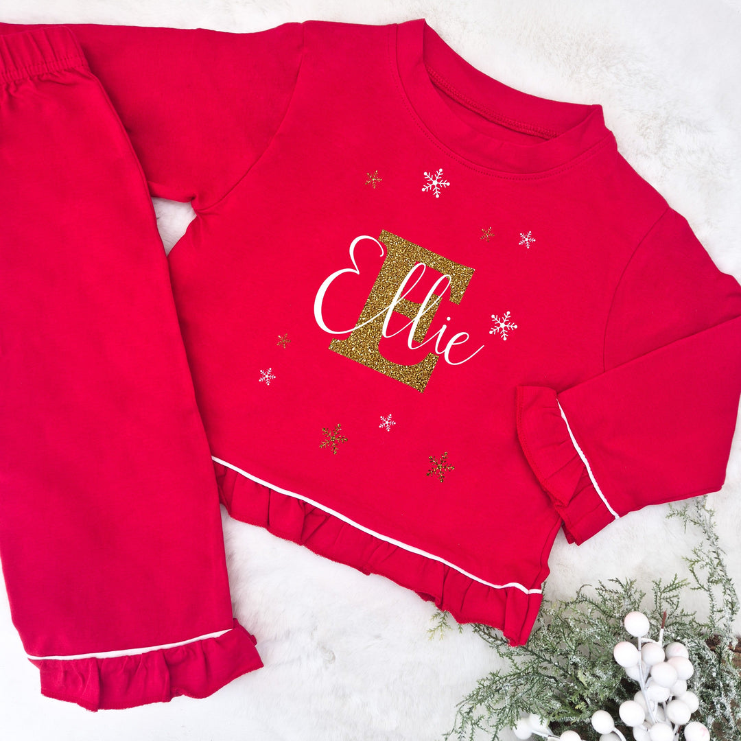 Personalised Gold Glitter Initial Red Frilly Christmas Pyjamas