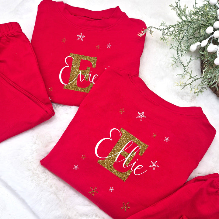 Personalised Gold Glitter Initial Red Frilly Christmas Pyjamas