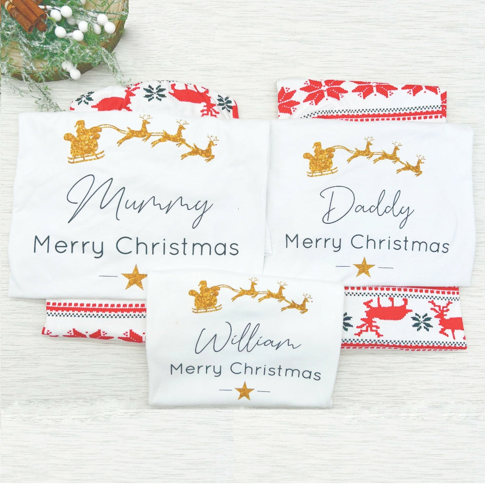 Personalised Gold Glitter Sleigh Family Matching Reindeer Christmas Pyjamas
