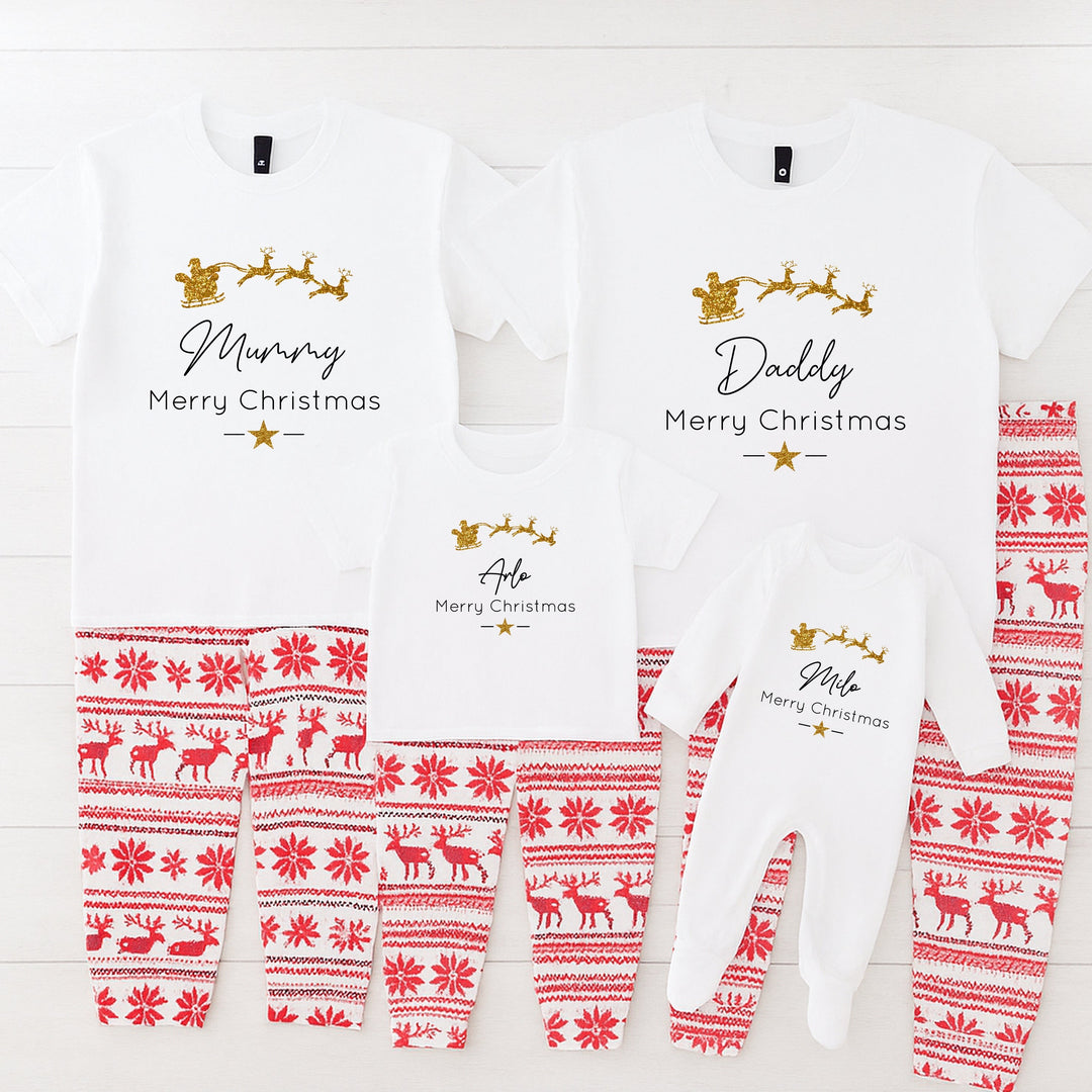 Personalised Gold Glitter Sleigh Family Matching Reindeer Christmas Pyjamas