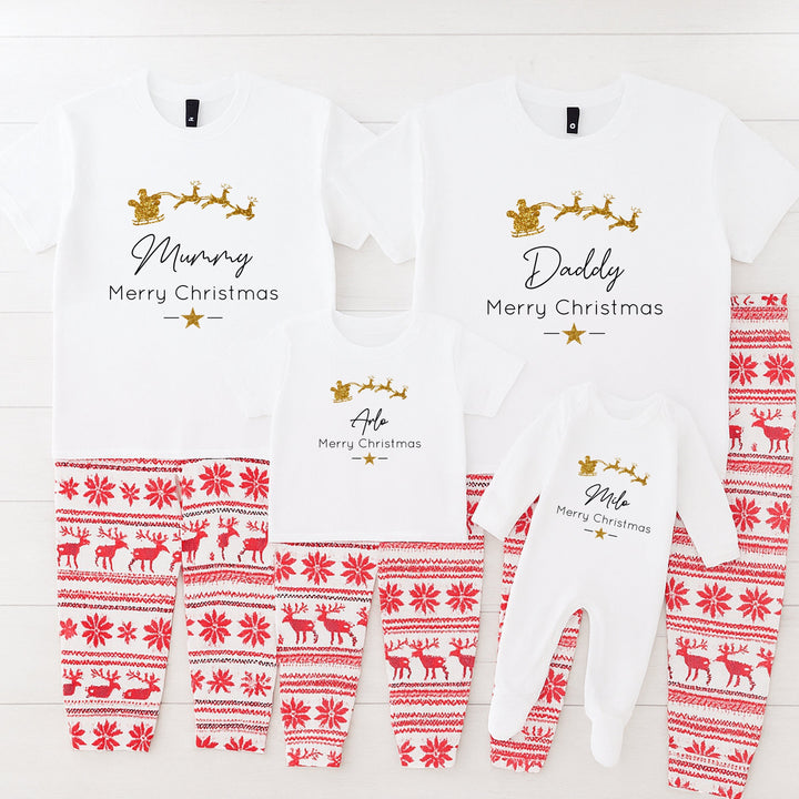Personalised Gold Glitter Sleigh Family Matching Reindeer Christmas Pyjamas