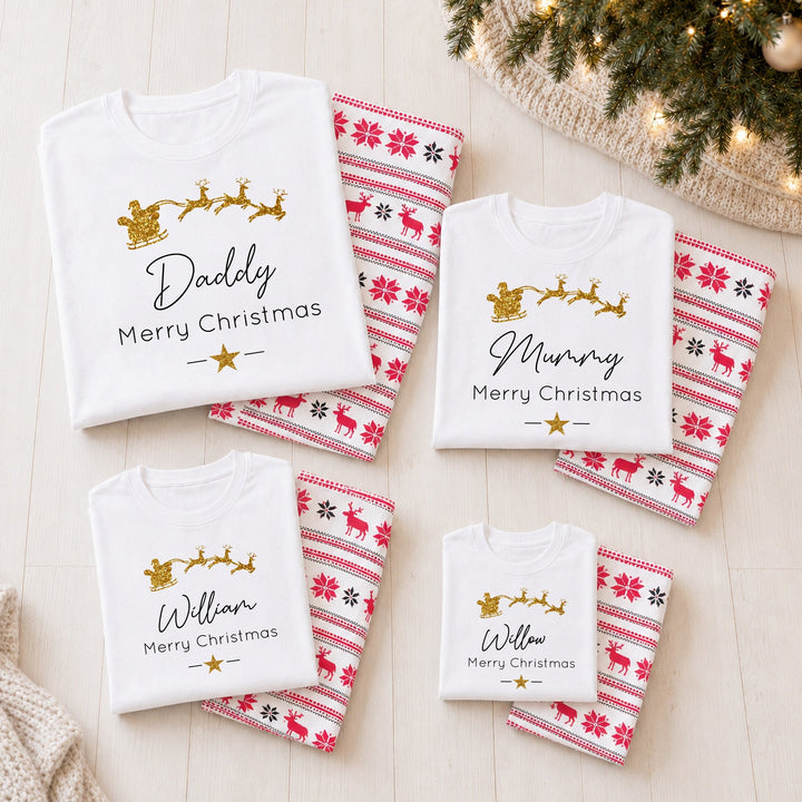 Personalised Gold Glitter Sleigh Family Matching Reindeer Christmas Pyjamas