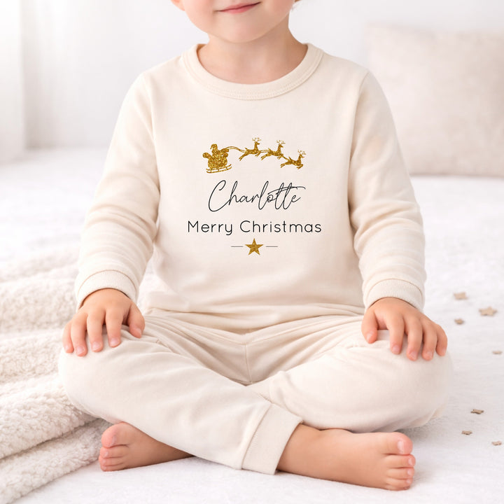 Personalised Gold Glitter Sleigh Christmas Pyjamas