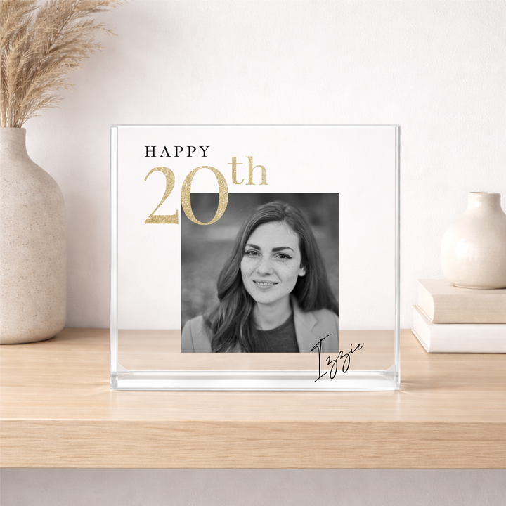 Personalised Black and Gold Photo Acrylic 20th Birthday Gift
