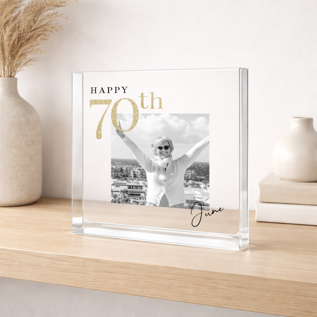 Personalised Black and Gold Photo Acrylic 70th Birthday Gift