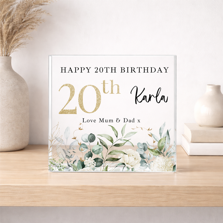 Personalised Floral Acrylic Block 20th Birthday Gift