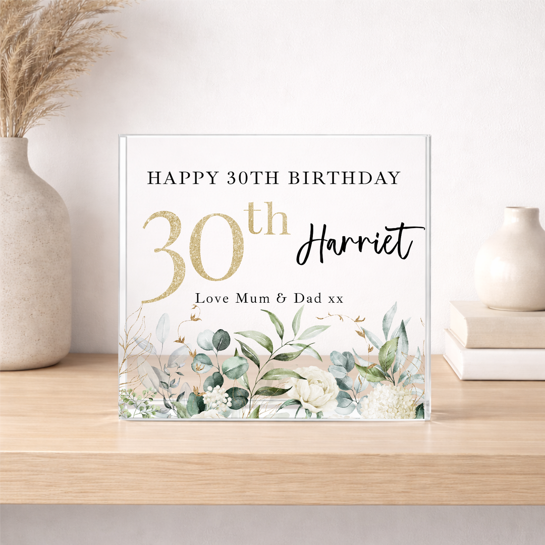 Personalised Floral Acrylic Block 30th Birthday Gift