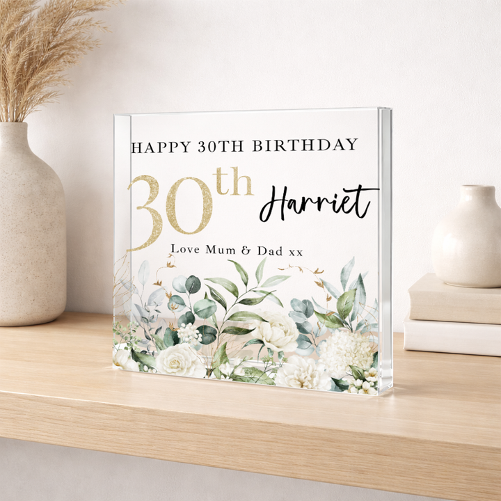 Personalised Floral Acrylic Block 30th Birthday Gift