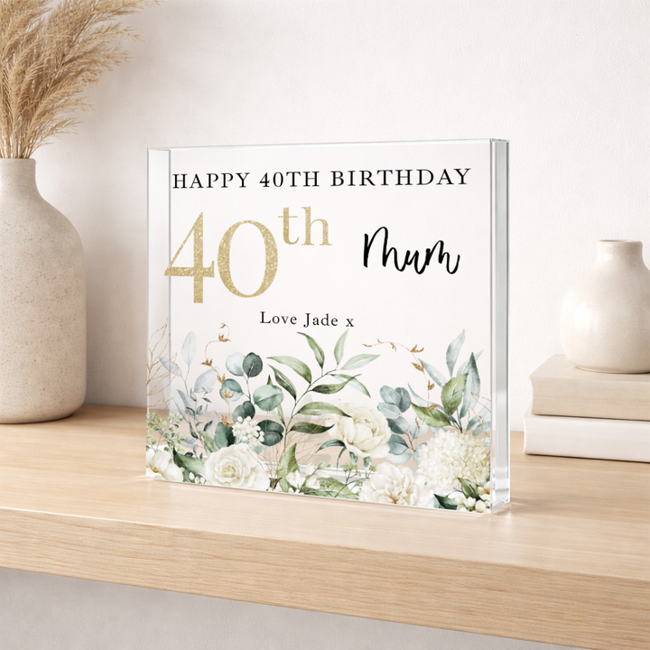 Personalised Floral Acrylic Block 40th Birthday Gift