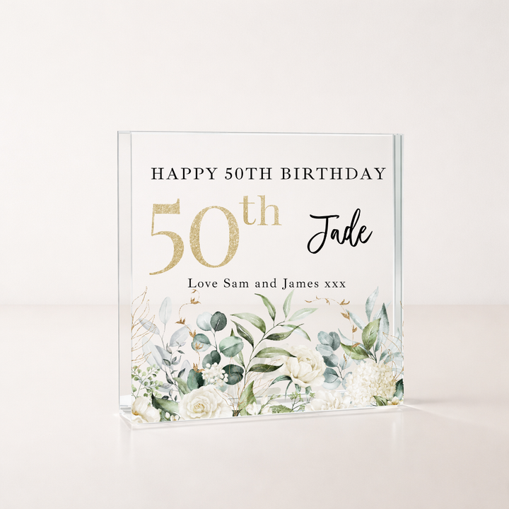 Personalised Floral Acrylic Block 50th Birthday Gift