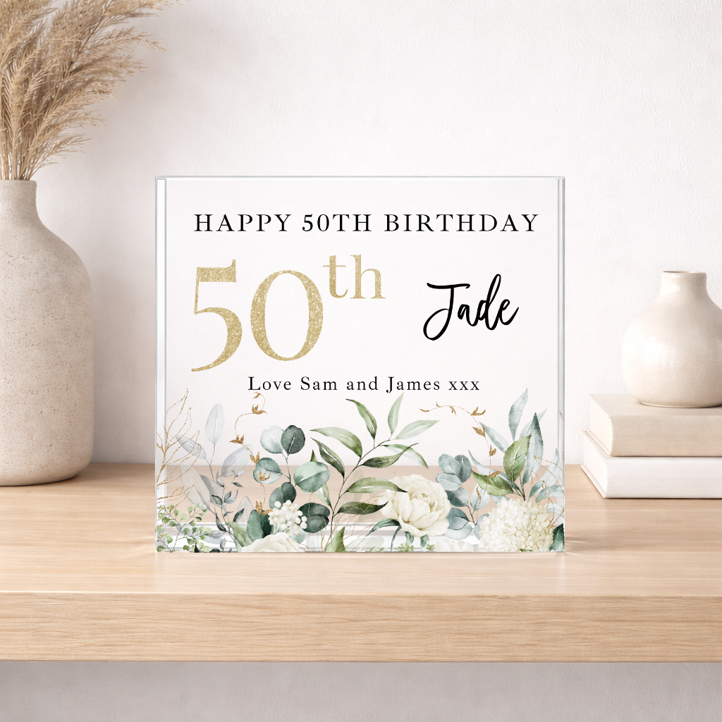 Personalised Floral Acrylic Block 50th Birthday Gift