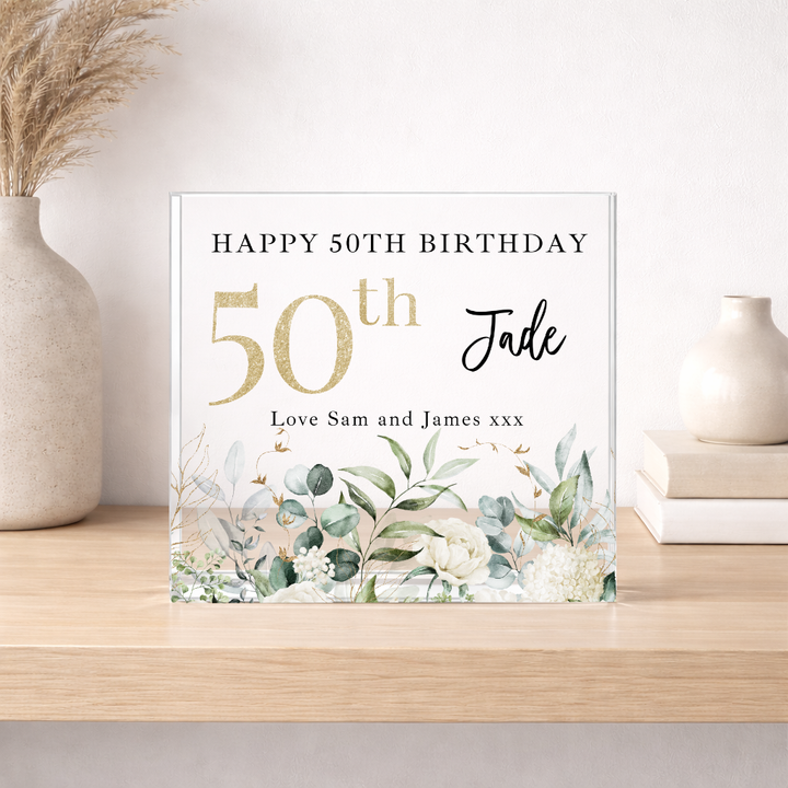 Personalised Floral Acrylic Block 50th Birthday Gift