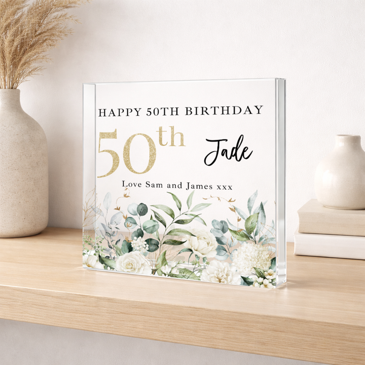 Personalised Floral Acrylic Block 50th Birthday Gift