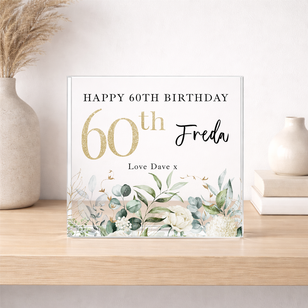 Personalised Floral Acrylic Block 60th Birthday Gift