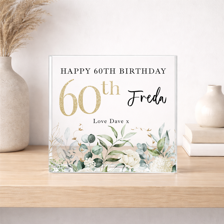 Personalised Floral Acrylic Block 60th Birthday Gift