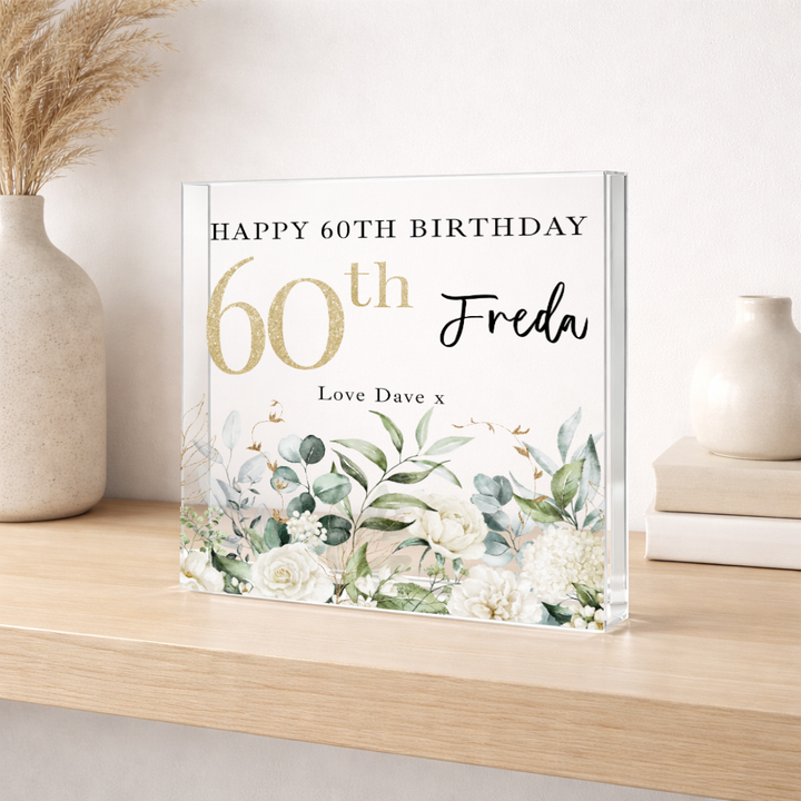 Personalised Floral Acrylic Block 60th Birthday Gift