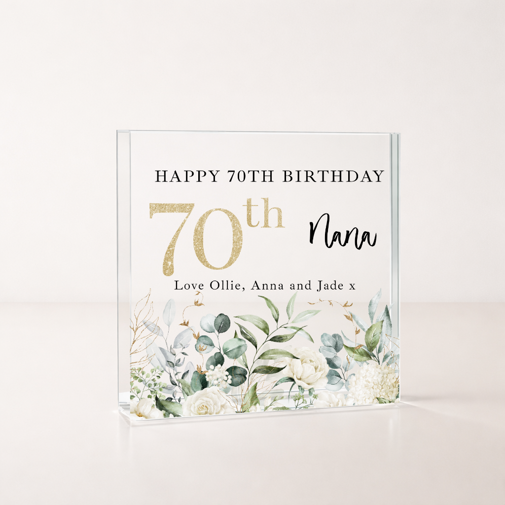 Personalised Floral Acrylic Block 70th Birthday Gift
