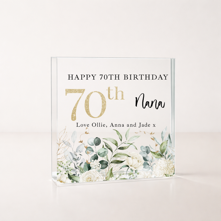Personalised Floral Acrylic Block 70th Birthday Gift