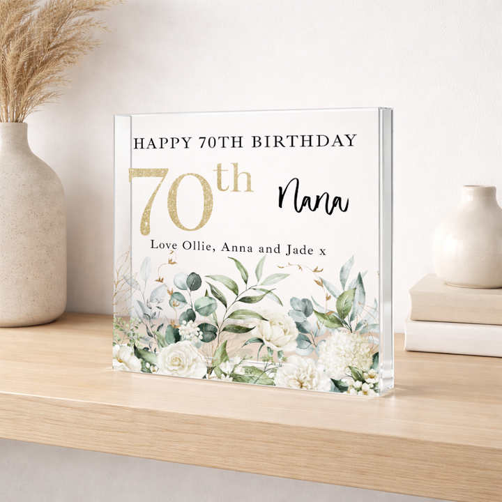 Personalised Floral Acrylic Block 70th Birthday Gift