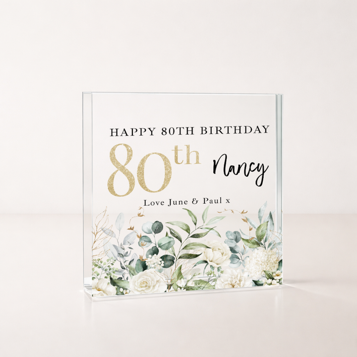 Personalised Floral Acrylic Block 80th Birthday Gift