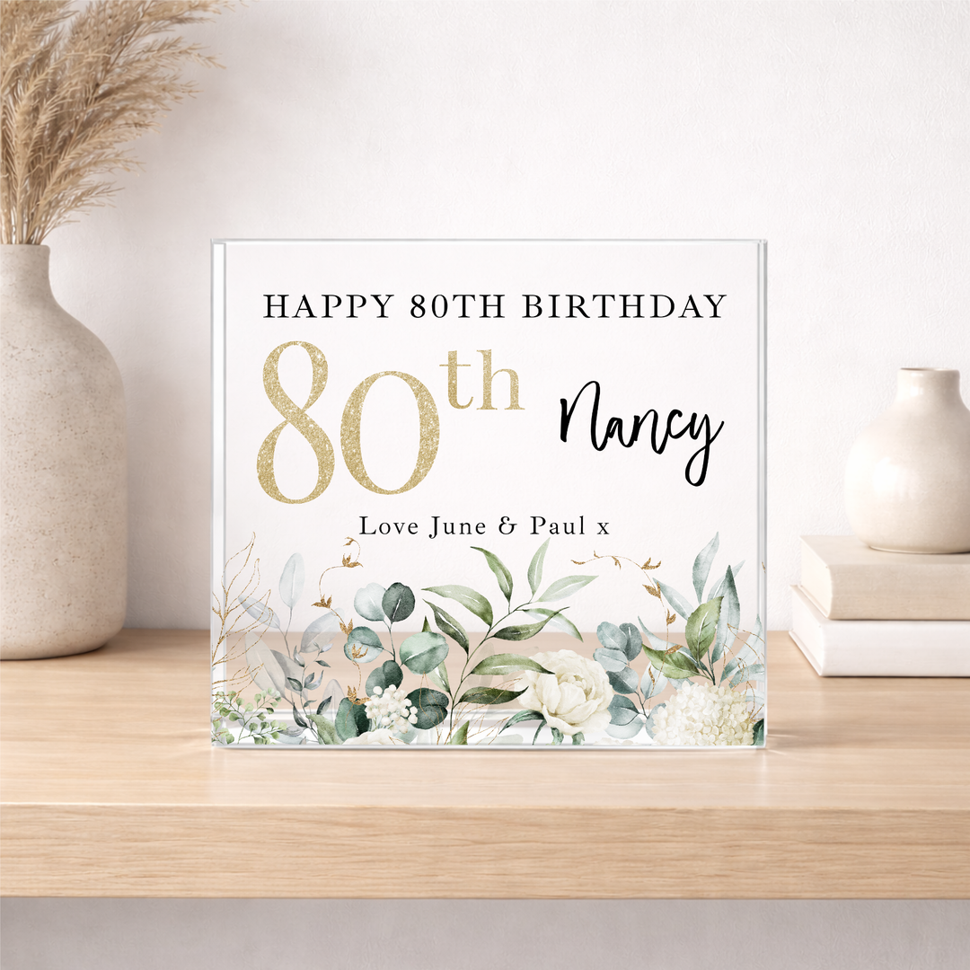 Personalised Floral Acrylic Block 80th Birthday Gift