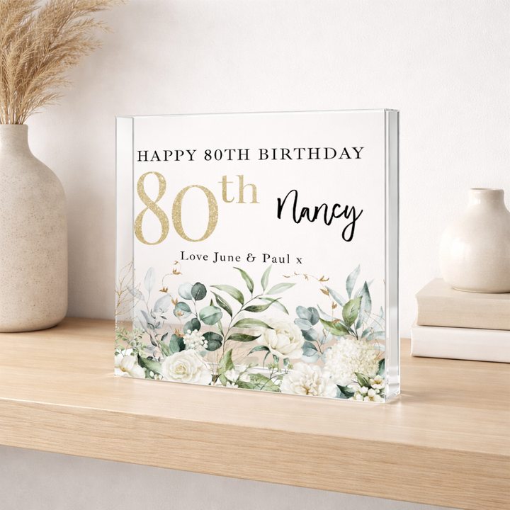 Personalised Floral Acrylic Block 80th Birthday Gift