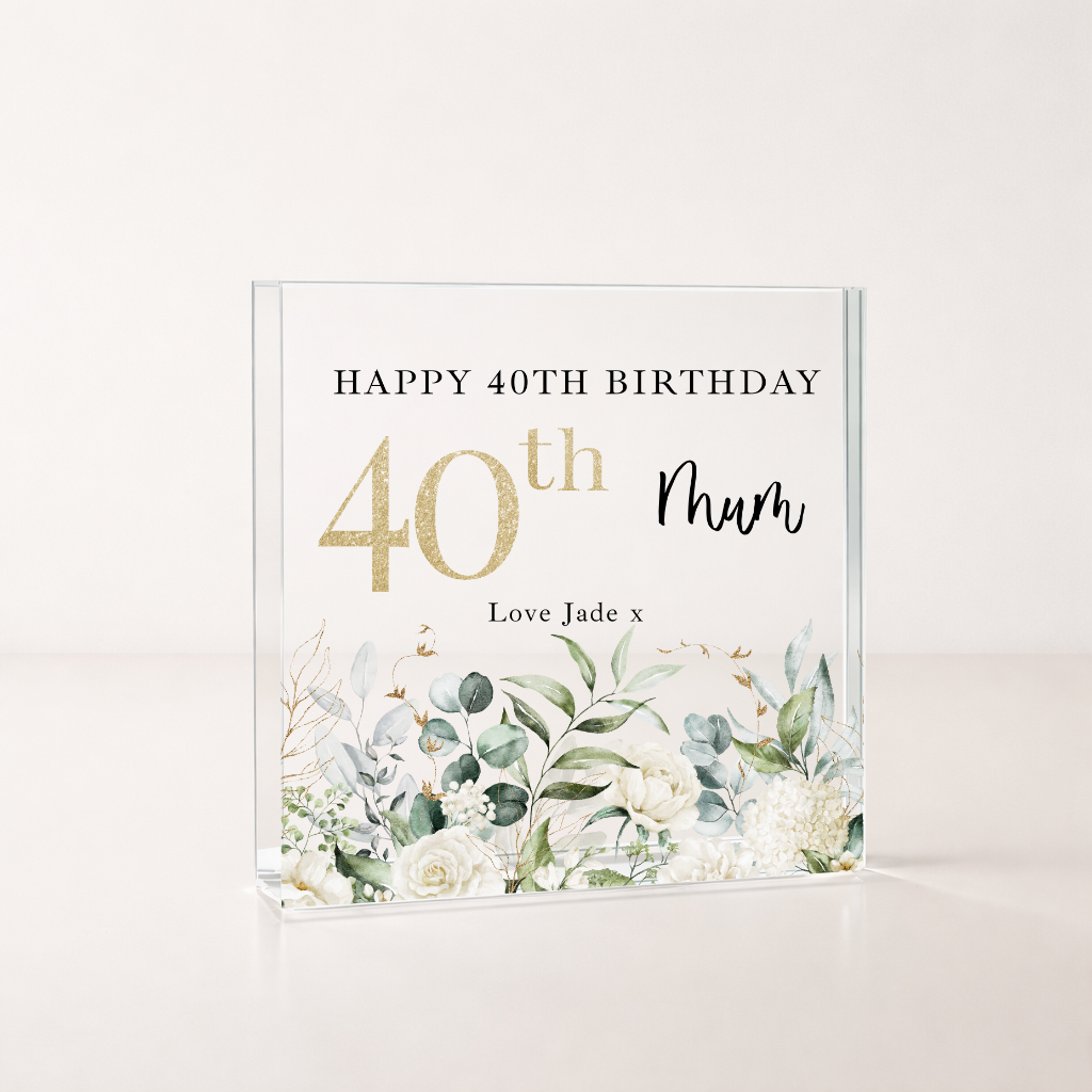 Personalised Floral Acrylic Block 40th Birthday Gift
