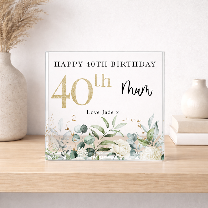 Personalised Floral Acrylic Block 40th Birthday Gift