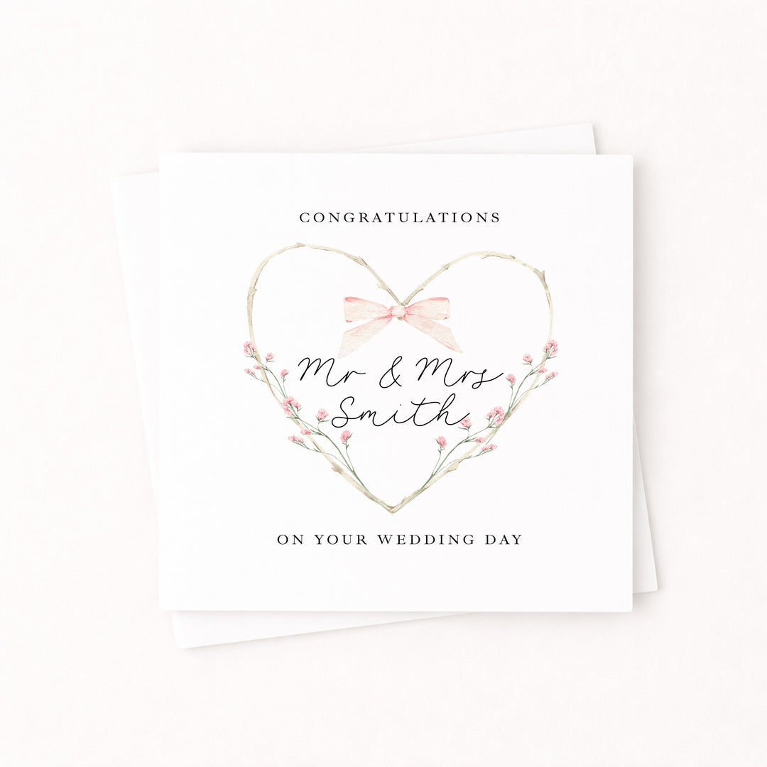 Personalised Pink Floral Heart Mr &amp; Mrs Wedding Card