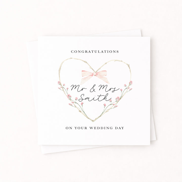 Personalised Pink Floral Heart Mr &amp; Mrs Wedding Card