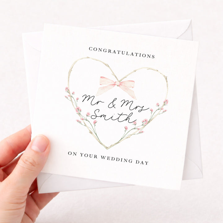 Personalised Pink Floral Heart Mr &amp; Mrs Wedding Card