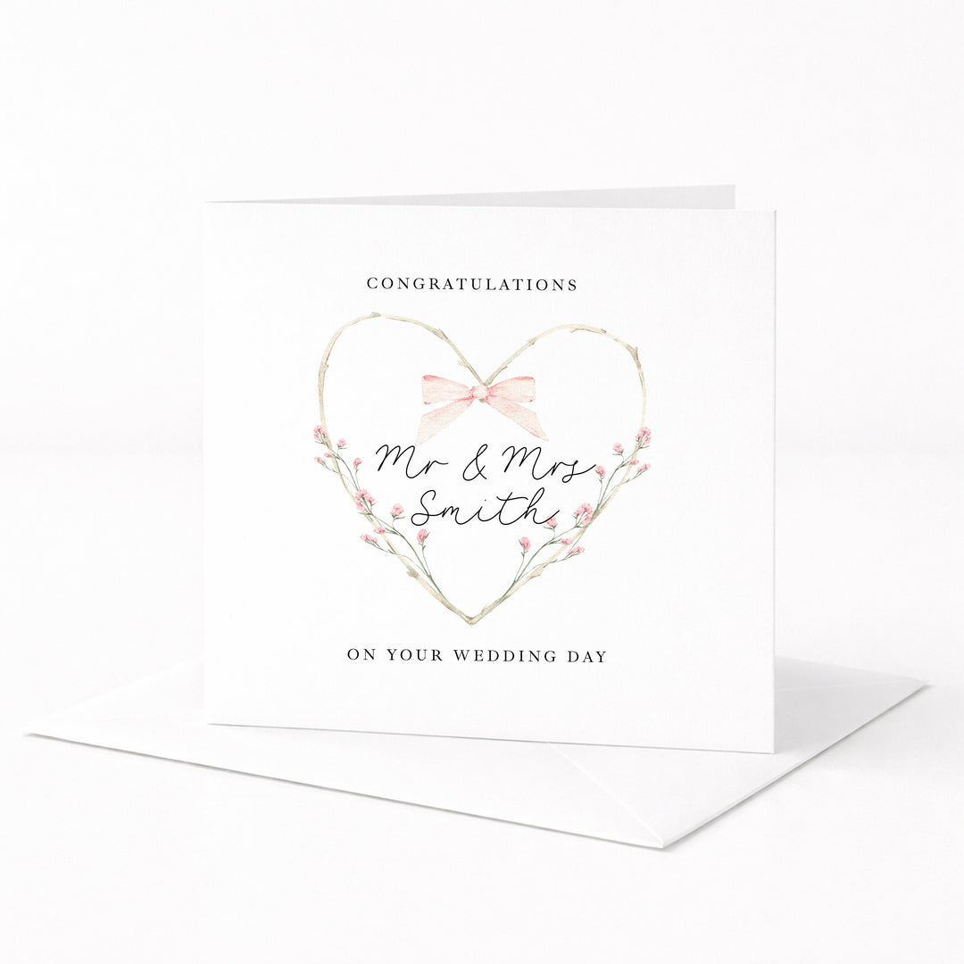 Personalised Pink Floral Heart Mr &amp; Mrs Wedding Card